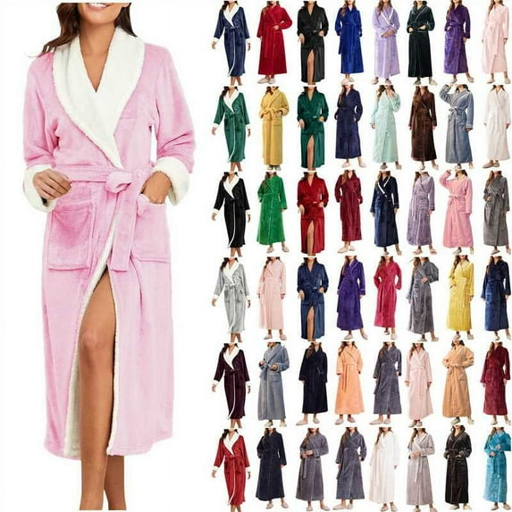 lcziwo Saving Deals Women's Thickened Flannel Plush Soft Bathrobe Fluffy Warm Solid Nightgown Lapel Long Sleeves Belt Robe with Pocket,Black,XXL