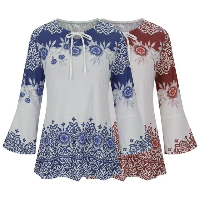 lcziwo Prime Big Deal Days Womens Plus Size Tie Front Blouse 3/4 Sleeve Round Neck Puplum Shirts 2025 Spring 2PC Trumpet Sleeve Peasant Tunic Tops,Blue,XXXXL
