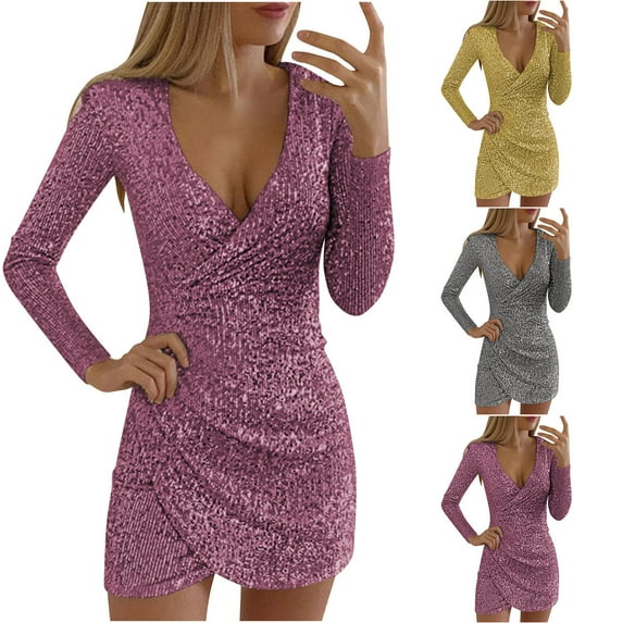 lcziwo Prime Big Deal Days Womens V Neck Sparkly Sequin Wrap Dress Long Sleeve Bodycon Shiny Glitter Formal Party Club Mini Short Dress Gown,Hot Pink,L