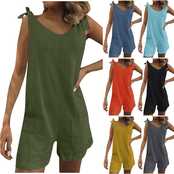 lcziwo Linen Rompers for Women Summer Sleeveless Short Jumpsuit Casual Adjustable Straps Onesie Shorts Beach Travel Vacation Outfits with Pockets Sky Blue XXL