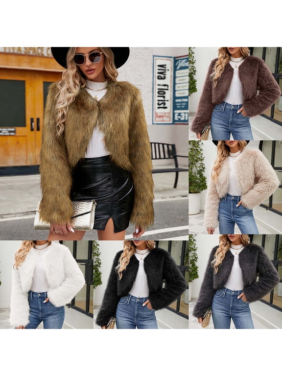 Prime By Hour Womens Faux Fur Coat Long Sleeve Cropped Fleece Open Front Short Jacket Outerwear Winter Windproof Body Warmer Coats,Black,XXL
