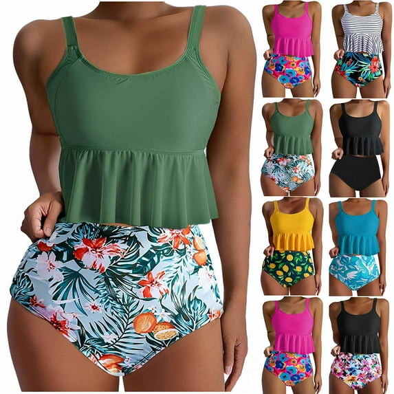 lcziwo Prime Day Sales Today 2025 Clearance Womens Sleeveless Ruffle Hem Tops and Tropical Printed Bottoms 2 Piece Bikini Sets 2025 Summer Swimsuits Hawaiian Beach Outfits White S