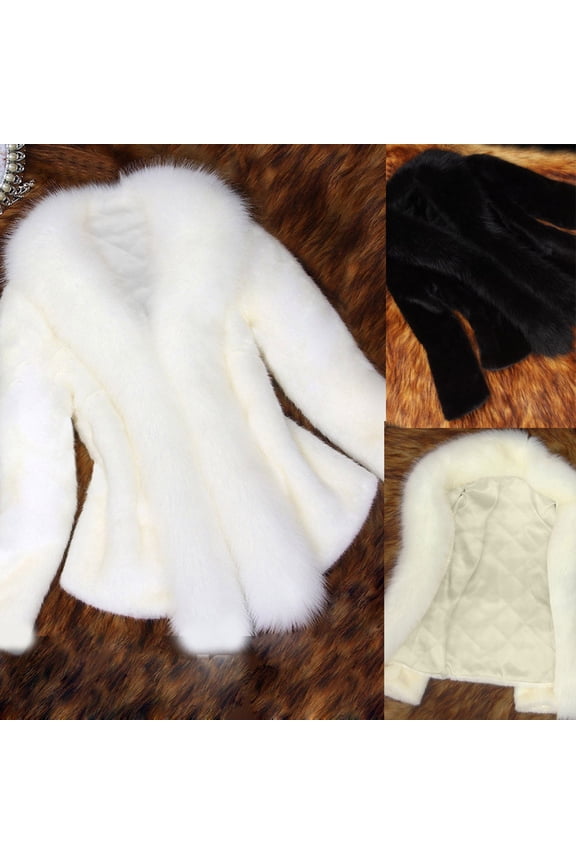 Prime By Hour Women's Faux Jacket with Fur Collar Winter Long Sleeve Furry Trim Peplum Parka Coats Solid Color Elegant Outerwear Jackets,Black,XXXL