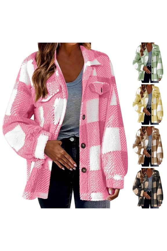 Prime By Hour Womens Plus Size Flannel Jacket Button Down Long Sleeve Plaid Coats 2024 Winter Trendy Lapel Collared Thicken Warm Outerwear,Mint Green,S
