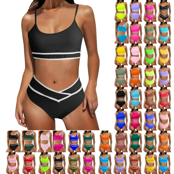 lcziwo Prime Sales of The Day Swim Suits for Women 2025 High Waisted Bikini Sets 2 Piece Sporty Bathing Suit Summer Tummy Control Swim Bras and Bottom Shorts Vacation Outfits Black M