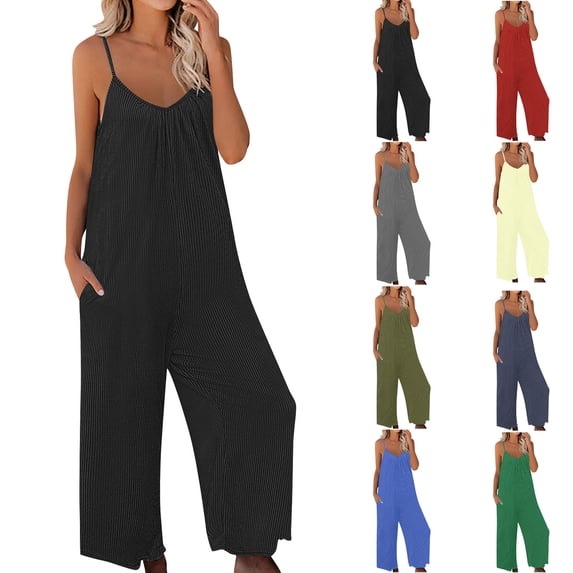 lcziwo Prime Sales, Jumpsuits for Women Loose Sleeveless Spaghetti Strap Romper Ribbed Knit Wide Leg Overalls Solid Color One Piece Jumper Pants with Pockets