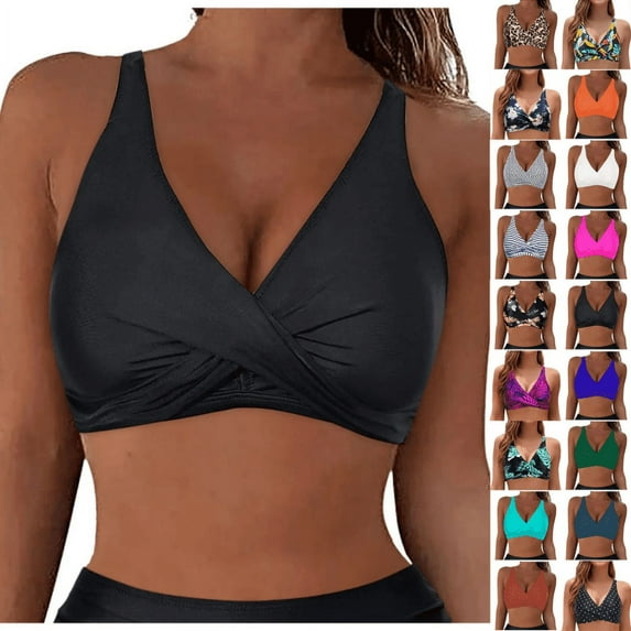lcziwo Prime Sales Womens Bikini Tops Fashion Stripe Criss Cross Bras Full Coverage No Underwire V Neck Padded Swimsuit Bra Summer Beach Bathing Suit Blue XL
