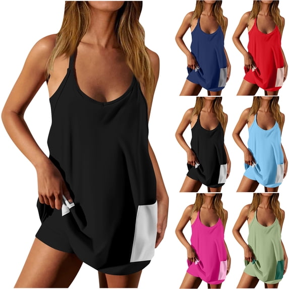 lcziwo Prime Today, Rompers for Women 2025 Summer Casual Sleeveless Short Jumpsuits Solid Color Mini Dress Built in Shorts Loose Fit Beach Romper with Pockets
