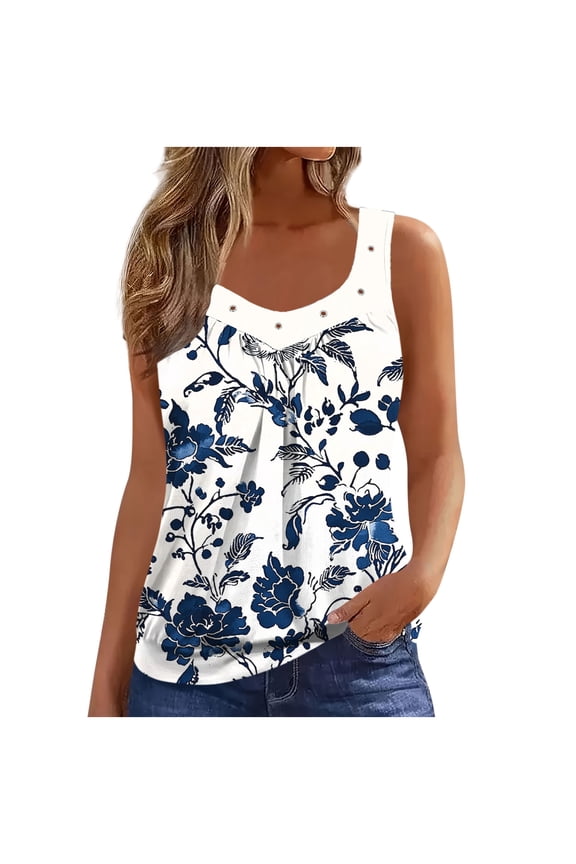 Print Cami Top for Women Ruffle Fashion Summer Beach Top Shirt Cotton Cozy Loose Crew Neck Sleeveless Tank Tops Blue M