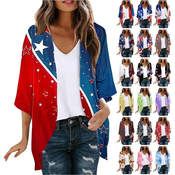 lcziwo Purses for Women Clearance, Wamen 4th of July Outfits Kimono Cardigans American Flag Graphic Swimsuits Cover Up Tops Summer Plus Size 3/4 Sleeve Chiffon Cardigan Multicolor XL
