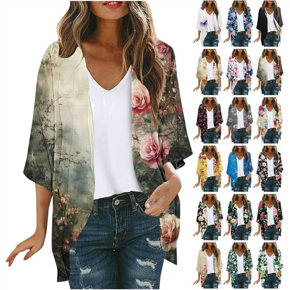 lcziwo Purses for Women Clearance, Womens Shawl with Sleeves Summer Light Weight Chiffon Cardigan Floral Print Coverups Kimono Cardigans 2025 Open Front Beach Tops Multicolor XL