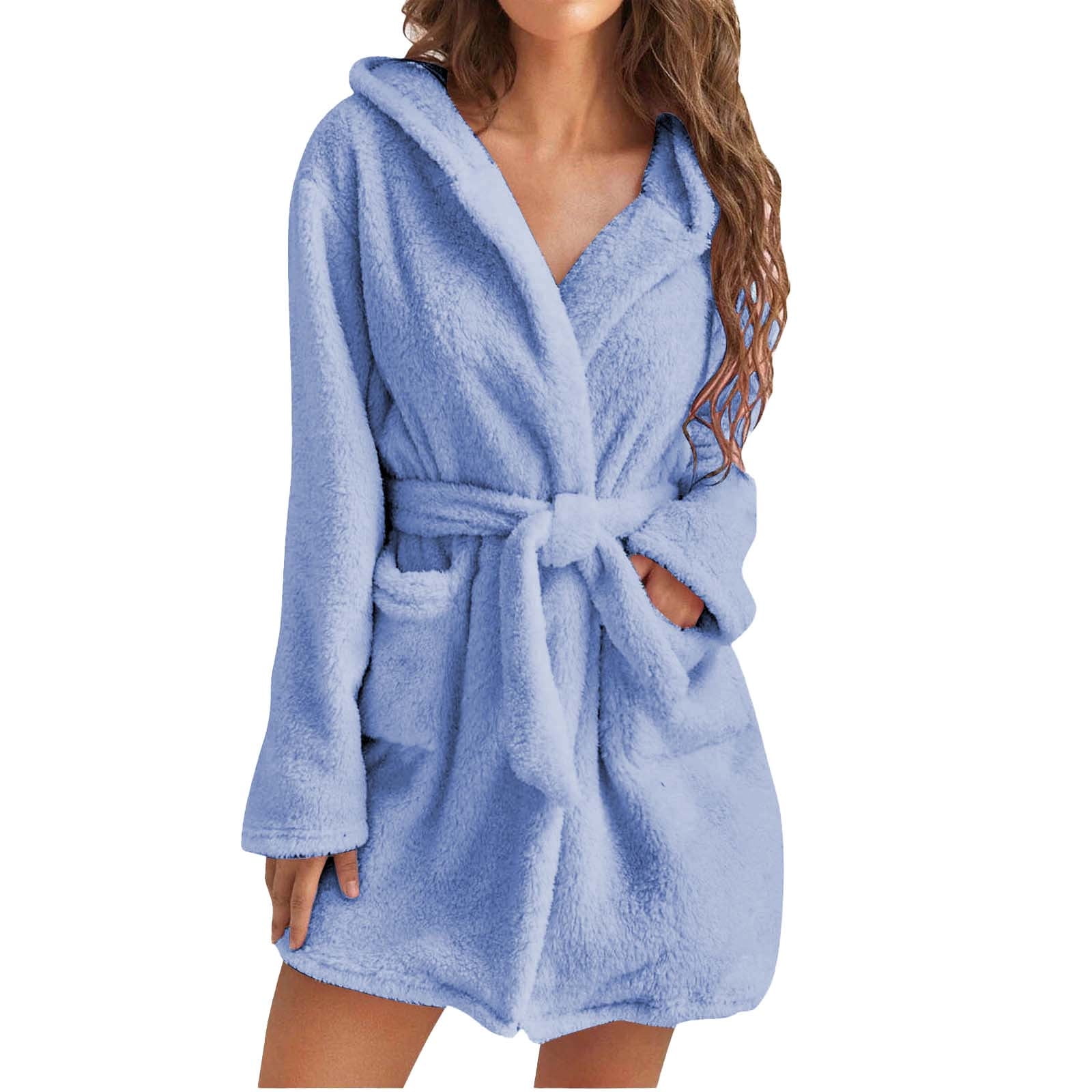Womens Short Robes Plush Fleece Nightgown Thick Winter Robe Hooded