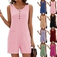 thumbnail image 1 of lcziwo Rompers for Women 2025 Summer Casual Sleeveless Button Neck Short Jumpsuits Eyelet Embroidery Comfy Overalls with Pockets 90% off Clearance Sale Khaki XXL, 1 of 9