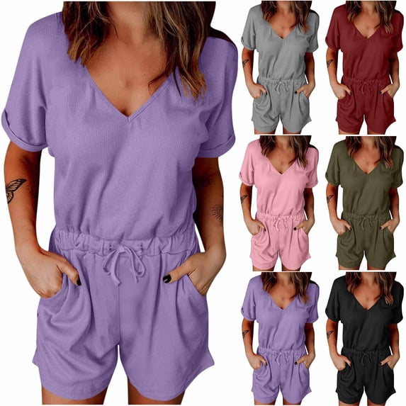 lcziwo Rompers for Women Casual Summer V Neck Short Sleeve Jumpsuit Drawstring Elastic Waist Loose Fit Onesie Shorts Ribbed Knit Romper with Pockets Dollar Sales Wine XXL