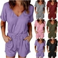 thumbnail image 1 of lcziwo Rompers for Women Casual Summer V Neck Short Sleeve Jumpsuit Drawstring Elastic Waist Loose Fit Onesie Shorts Ribbed Knit Romper with Pockets Prime Sales Today Black XL, 1 of 8