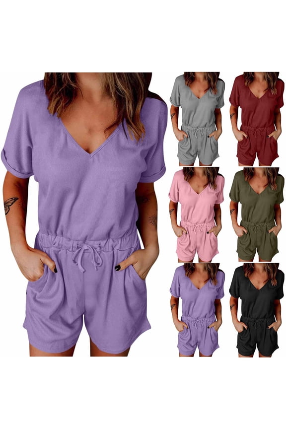 Rompers for Women Casual Summer V Neck Short Sleeve Jumpsuit Drawstring Elastic Waist Loose Fit Onesie Shorts Ribbed Knit Romper with Pockets Todays Sale Pink S