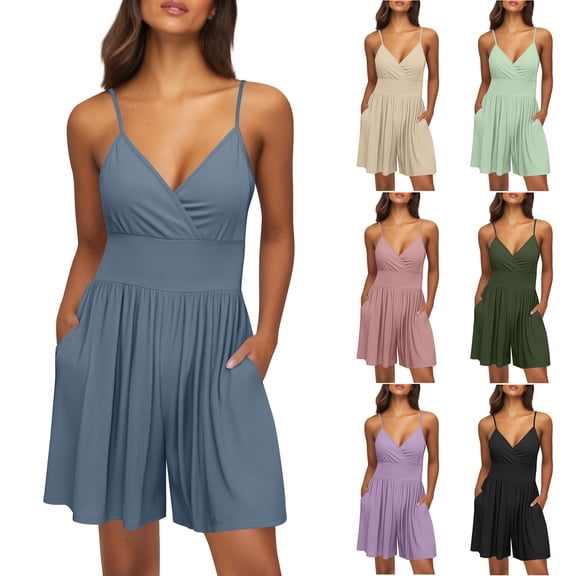 lcziwo Rompers for Women V Neck Sleeveless Spaghetti Strap Wide Leg Short Overalls Summer Comfy Ribbed Knit Low Cut Onesie Shorts with Pockets Today Sales Black XXL