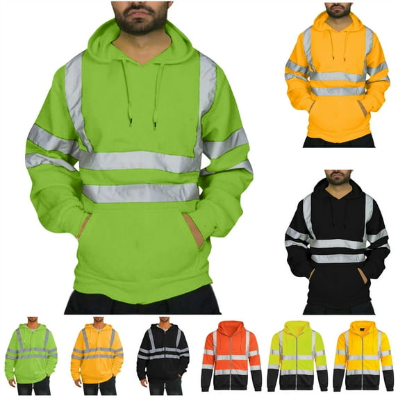 lcziwo Safety Hoodie Jacket for Men Zip Up High Visibility Reflective Sweatshirts Outdoor Long Sleeve Hi Vis Work Tops, Green, XXL