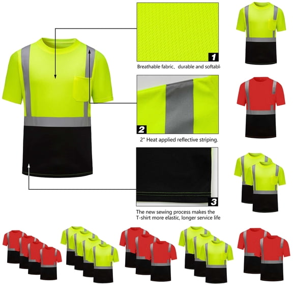 lcziwo Safety Shirts for Men Construction Short Sleeve Quick Dry Workwear with Pocket High Visibility Reflective Stripe Tops with Black 2Pcs, Red, XXL