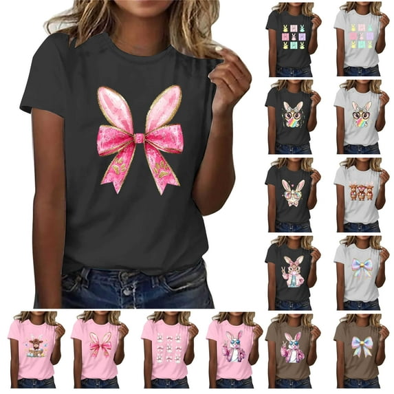 lcziwo Spring Savings Easter Shirt for Women Happy Easter Egg Cute Tees Funny Bunny Rabbit Graphic Print Short Sleeve Tops Casual Round Neck Blouse White L