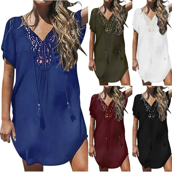 lcziwo on Sale Clearance Womens Swimsuit Coverup Lace Crochet V Neck Bathing Suit Cover Up Beach Dress Solid Casual Short Sleeve Swimwear Vacation Outfits Blue S