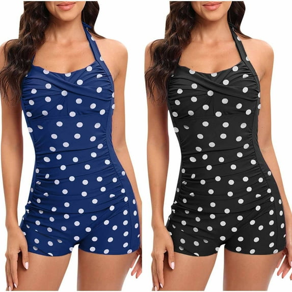 lcziwo Sale of The Day Prime Today Women's One Piece Swimsuit Tummy Control Vintage Halter Swimwear Fashion Polka Dot Print Boyleg Bathing Suit Summer Beach Outfits Blue M