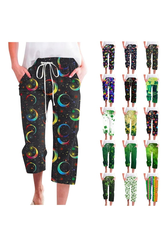 Sales of The Day Clearance, Capri Pants for Women Summer Casual Cotton Linen Capris with Pockets 2025 St Patricks Day Shamrock Print Cropped Sweatpants Green L