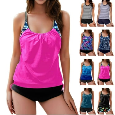 lcziwo Sales of The Day Clearance Prime Two Piece Tankini Swimsuits for Women Tummy Control Bathing Suits with Bottoms Summer Sleeveless Modest Swimwear Beach Outfits Black S