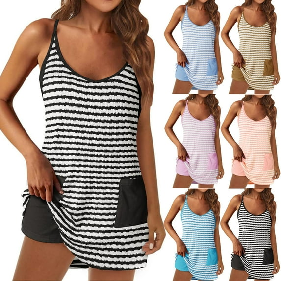 lcziwo Sales of The Day Lightning, Romper for Women Fashion Stripe Athletic Tennis Dress with Built in Shorts Summer Loose Fit Sleeveless Onesie Mini Dresses Jumpsuits White XXL