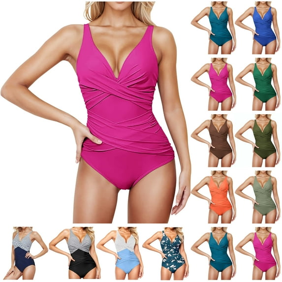 lcziwo Sales Today Clearance Tummy Control Swimsuits for Women Slimming One Piece Bathing Suits Vintage Padded Push Up Swimwear Summer Sleeveless Beach Outfits Blue M