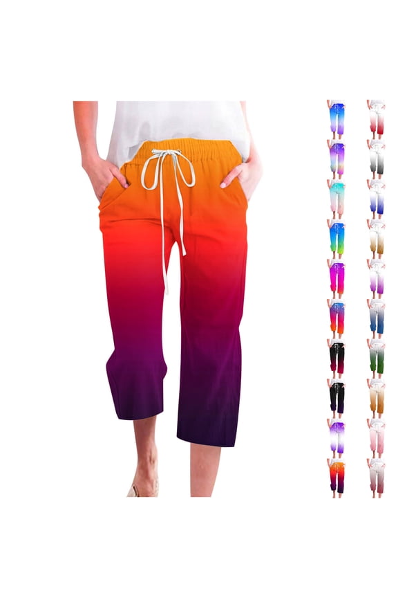 Sales Today, Linen Capri Pants for Women 2025 Summer Gradient Print Cropped Pants Casual Drawstring Waisted Loose Wide Leg Trousers with Pockets Black S