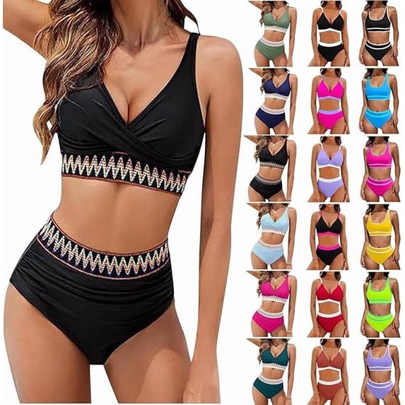 lcziwo Sales for Today on Walmart Womens High Waisted Bikini Sets Fitting V Neck Tummy Control Swimsuits Fashion Color Block Sport Bras and Bottom Shorts Two Piece Bathing Suit Watermelon Red S