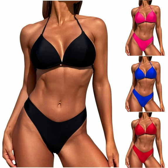 lcziwo Sales for Today Women's 2 Piece Bikini Sets Halter Neck Triangle Bras Matching Thong Bottoms Swimsuits Solid Casual Bathing Suits Beach Outfits Red XL