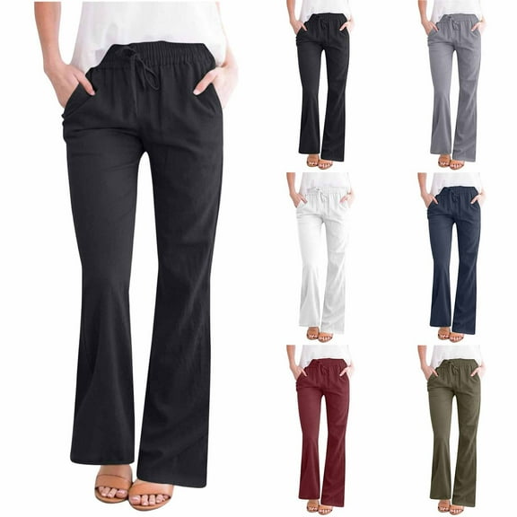 lcziwo Ofertas en Walmart, Women's Pants 2025 Summer Cotton Linen Lounge Pants Loose Fit Wide Leg Flared Trousers Casual Elastic High Waist Sweatpants with Pockets Army Green 3XL