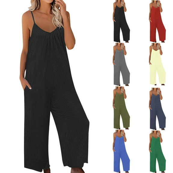 lcziwo Saving Sales, Jumpsuits for Women Loose Sleeveless Spaghetti Strap Romper Ribbed Knit Wide Leg Overalls Solid Color One Piece Jumper Pants with Pockets