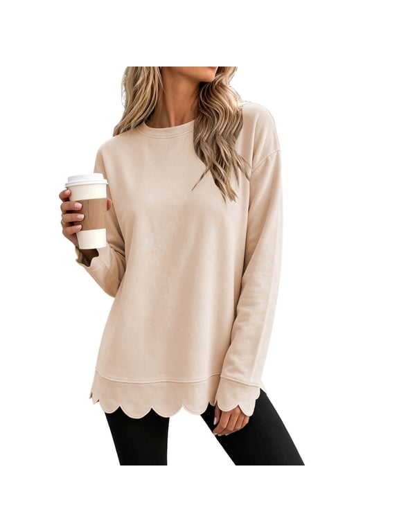 Scalloped Hem Sweatshirt Women Oversized Crew Neck Sweat Shirt Basic Plain Y2k Fall Tunic Sweatshirts Pullover Tops Beige,XXL