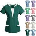 thumbnail image 1 of lcziwo Scrub Tops for Women 2025 Fashion Colorblock Work Uniform T-Shirt Casual Notched Neck Short Sleeve Nurse Scrubs Tunic Blouse with Pockets Purple S Lightning Prime Sales, 1 of 3