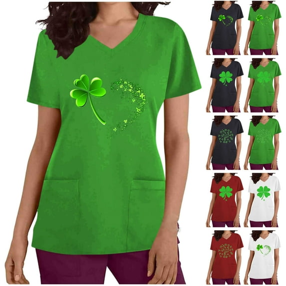 lcziwo Scrub Tops for Women Short Sleeve Working Uniform with Pocket Summer Casual V Neck Stretchy Holiday T Shirts Funny Graphic Print Tees Black L Lightning Sale