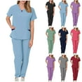 thumbnail image 1 of lcziwo Scrubs Medical Uniform for Women Casual Short Sleeve V Neck Scrub Tops and Trousers 2 Piece Sets Solid Color Work Outfits Green L Clearance, 1 of 6