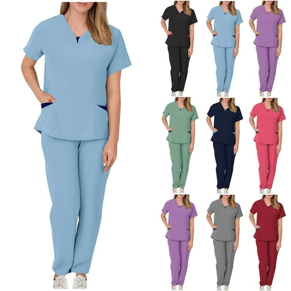 lcziwo Scrubs Medical Uniform for Women Casual Short Sleeve V Neck Scrub Tops and Trousers 2 Piece Sets Solid Color Work Outfits Navy XL Todays Sales