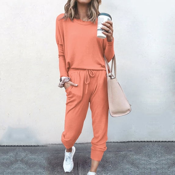lcziwo Sets for Women 2 Piece 2025 Fall Lounge Set Fall Solid Color Sweatshirt and Pants Jogger Suits Travel Outfits Matching Sweatsuits Watermelon Red 2XL