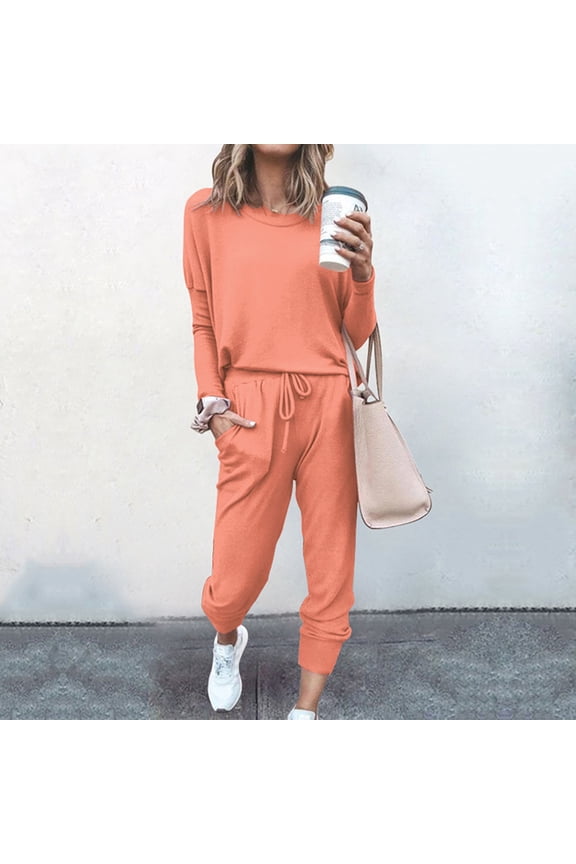Sets for Women 2 Piece 2025 Fall Lounge Set Fall Solid Color Sweatshirt and Pants Jogger Suits Travel Outfits Matching Sweatsuits Watermelon Red 2XL