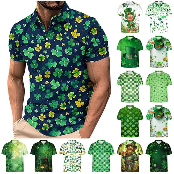 lcziwo Shamrock Graphic Polos Shirts for Men Casual Button Down Short Sleeve Tshirts Moisture Wicking Workout Tops, Multicolor, M