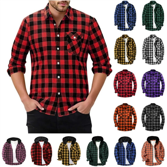 lcziwo Shirt Jacket for Men Long Sleeve Button Down Plaid Hoodies Casual Lightweight Hooded Shirts with Pockets, Orange, XXXL