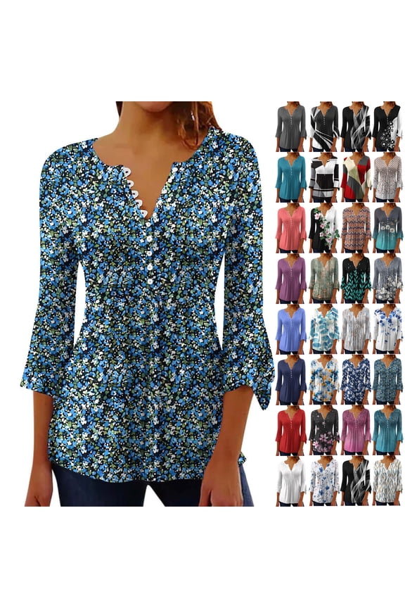 Shirts for Women Casual Button Pleated Belted Horn 3/4 Sleeve Blouses Vintage Floral Print Henley Shirt 2025 Summer Vacation Tops Blue XXL