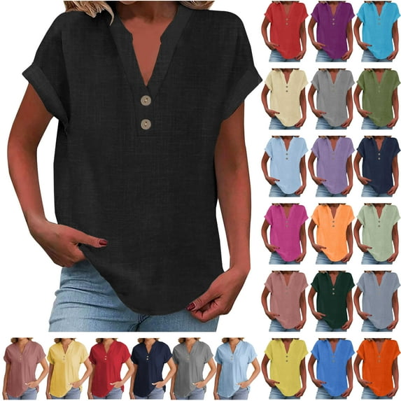 lcziwo Shirts for Women Plus Size Cotton Linen Short Sleeve Tees Shirt 2025 Summer Casual Button Down V Neck Tops Solid Color Business Work Blouses Mothers Day Gifts Light Blue XXXL
