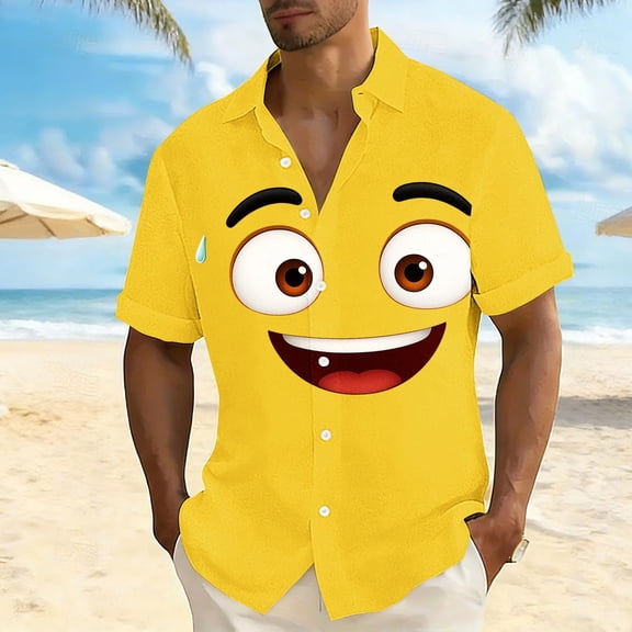 lcziwo Shirts for Men Summer Casual Party Short Sleeve Tops Big and Tall Funny Print Cozy Vacation Button Down T-Shirt Yellow XXXXXL