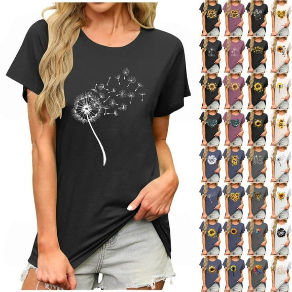 lcziwo Women's Floral Graphic Shirts Casual Short Sleeve Crewnwck Summer Tops Cotton Basic Tees, Beige, XL