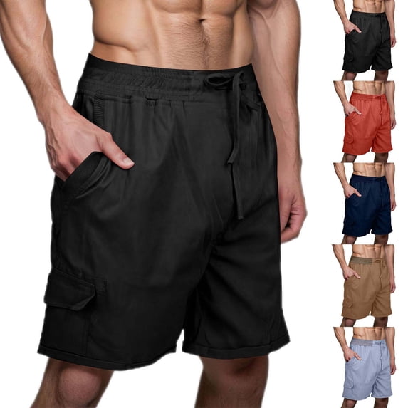 lcziwo Shorts for Men Casual Summer Drawstring Hiking Shorts Multiple Pockets Solid Color Outdoor Fishing Work Shorts Navy M