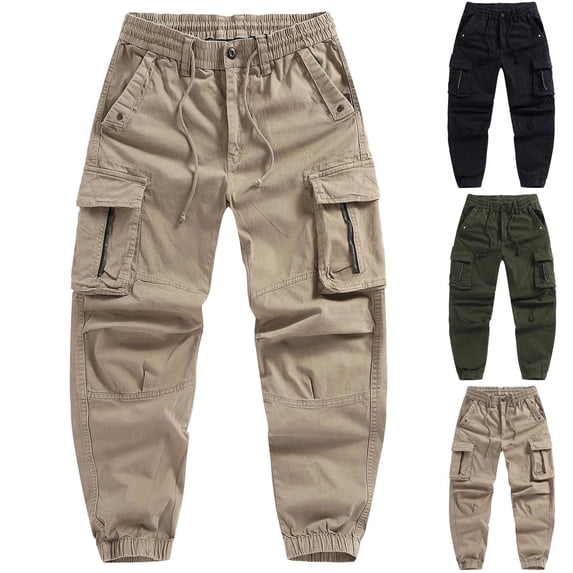 lcziwo Solid Color Pants Men Multiple Pockets Beach Relaxed Fit Drawstring Pants Holiday Classic Jogger Hiking Pants Khaki S